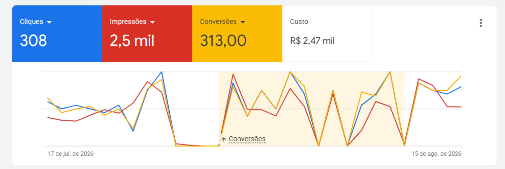 Painel do Google Ads: 308 cliques, 2,5 mil impressões, 313 conversões e R$ 2,47 mil de custo